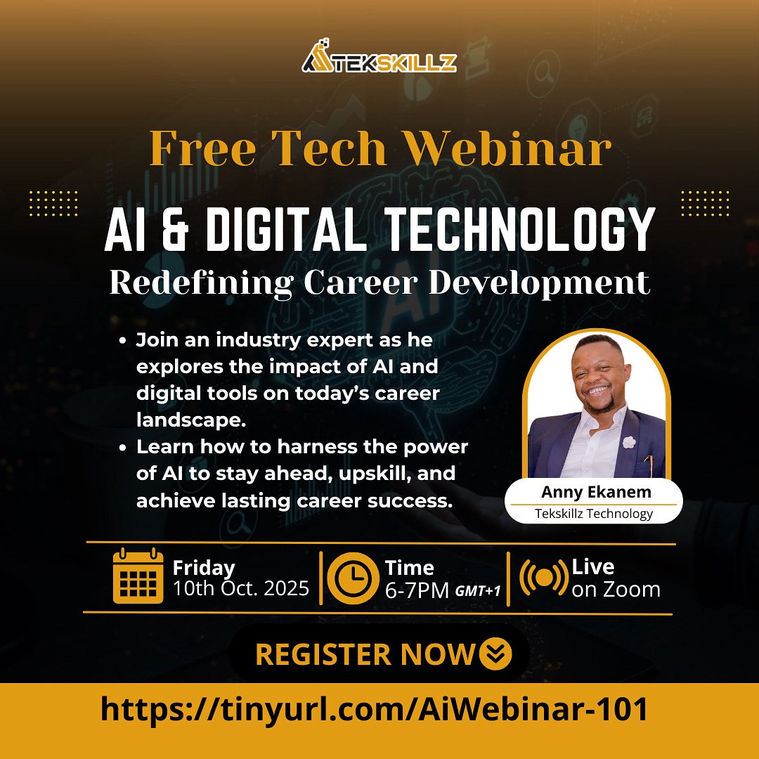 TekskillzTech's tweet image. 🌐 The future of work is digital. 

Join Tekskillz Webinar on AI &amp;amp; Digital Technology on Friday, Oct 10th (6–7 PM GMT+1) to learn how AI is reshaping career development. 

🔗 Register here: tinyurl.com/AiWebinar-101

#Tekskillz #tekskillztech #aicareerdevelopment #aiwebinar