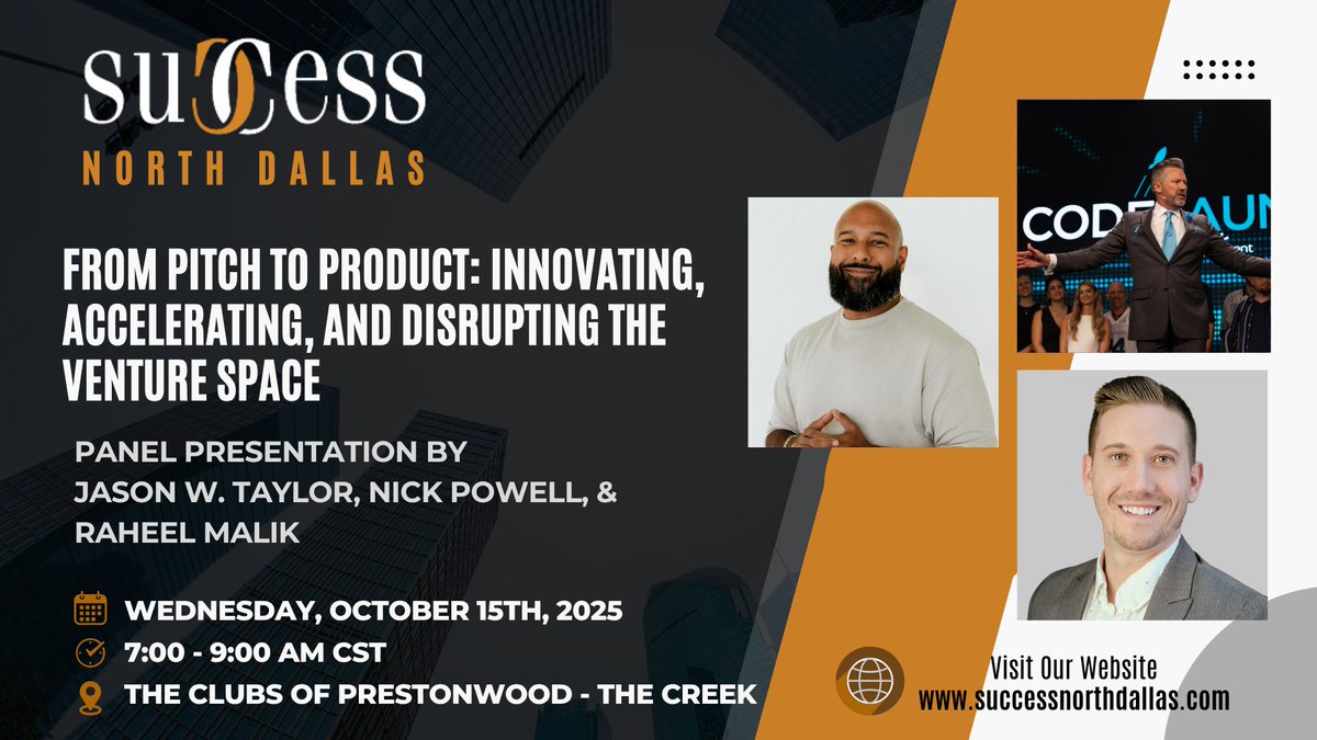 CodeLaunch's tweet image. We’re teaming up with Success North Dallas this October for a morning of startup insights and business growth strategies.
On stage:
Jason W. Taylor – Founder, CodeLaunch
Nick Powell – VP, BigRentz (former CEO of ProsRent)
Raheel S. Malik – Founder, FirstGen Agency
They’ll share…