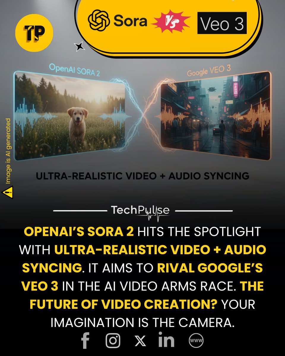 techpulse108's tweet image. OpenAI just dropped Sora 2, its upgraded text-to-video model aiming to leap ahead in the AI video space.
#Sora2 #OpenAI #AIVideo #VideoGeneration #Veo3 #NextGenMedia #FutureOfContent #DeepfakeWarning #CreativeAI #TechBattle #GenZMedia #AIvsAI
