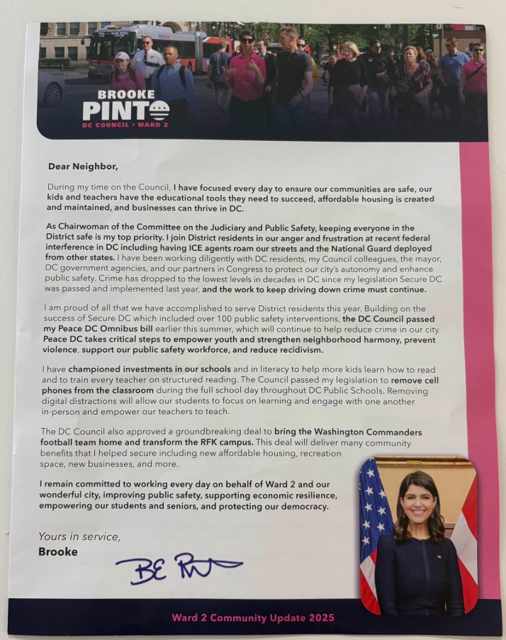 With Tom reporting that Pinto is set to announce her long-rumored DC delegate run next week, highlighting that eagle-eyed observers noticed that she used a different header photo/sign-off ("working on behalf of Ward 2" vs "our wonderful city") in mailers that went out citywide...