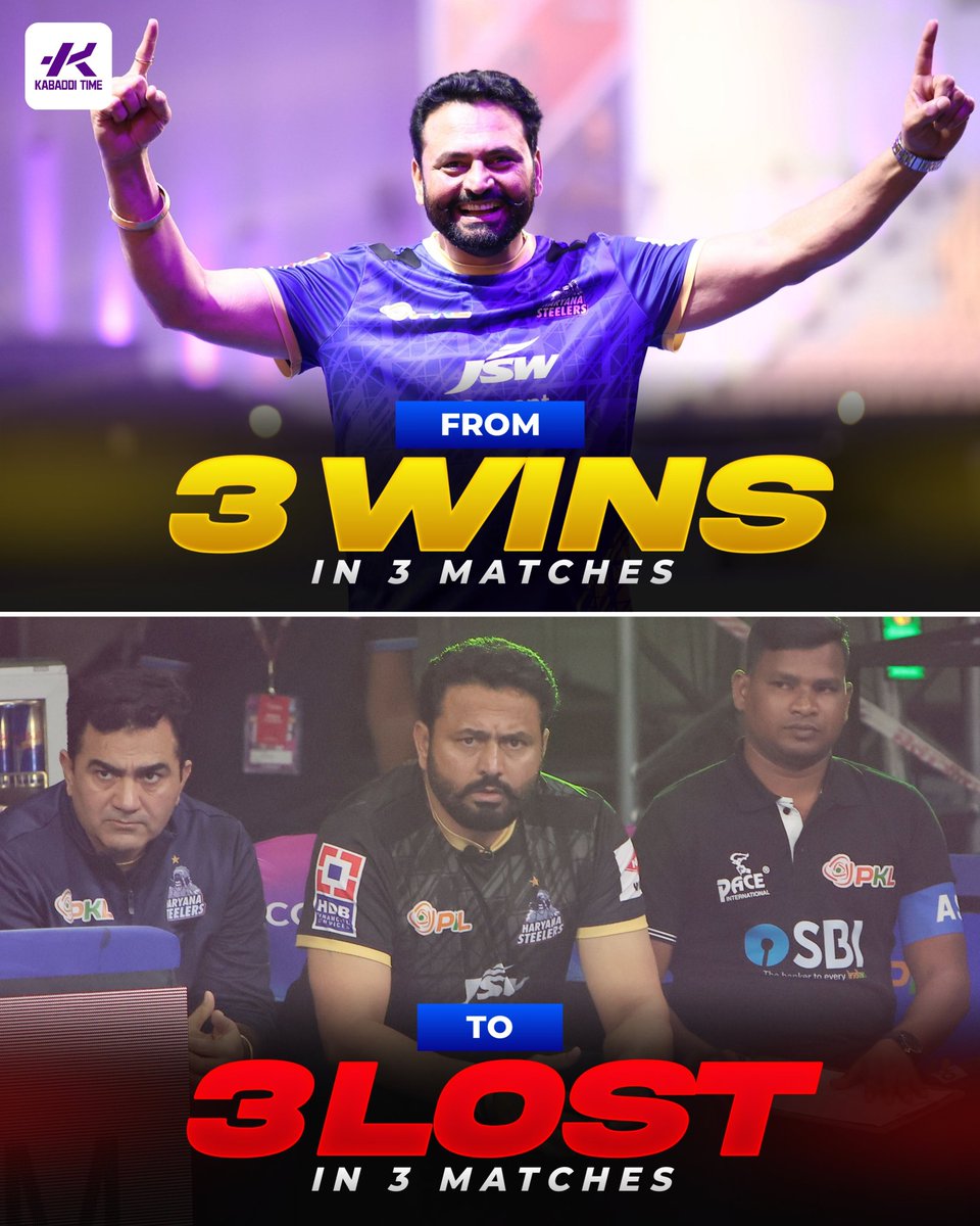 Kabadditime's tweet image. After winning all the matches in the Jaipur leg, Haryana Steelers have lost all 3 matches starting in Chennai! 😱

#haryanasteelers #manpreetsingh #kabadditime