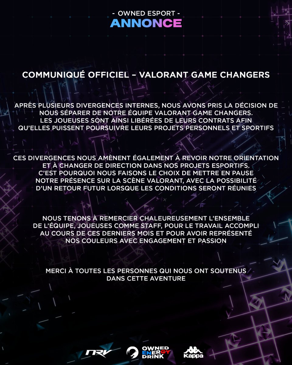 Owned (@ownedesport) on Twitter photo 📢 Annonce Officielle
Des changements importants arrivent du côté de notre équipe Valorant Game Changers
Tous les détails dans le communiqué ci-dessous 👇
#WeAreOwned 💙💜 📢 Annonce Officielle
Des changements importants arrivent du côté de notre équipe Valorant Game Changers
Tous les détails dans le communiqué ci-dessous 👇
#WeAreOwned 💙💜