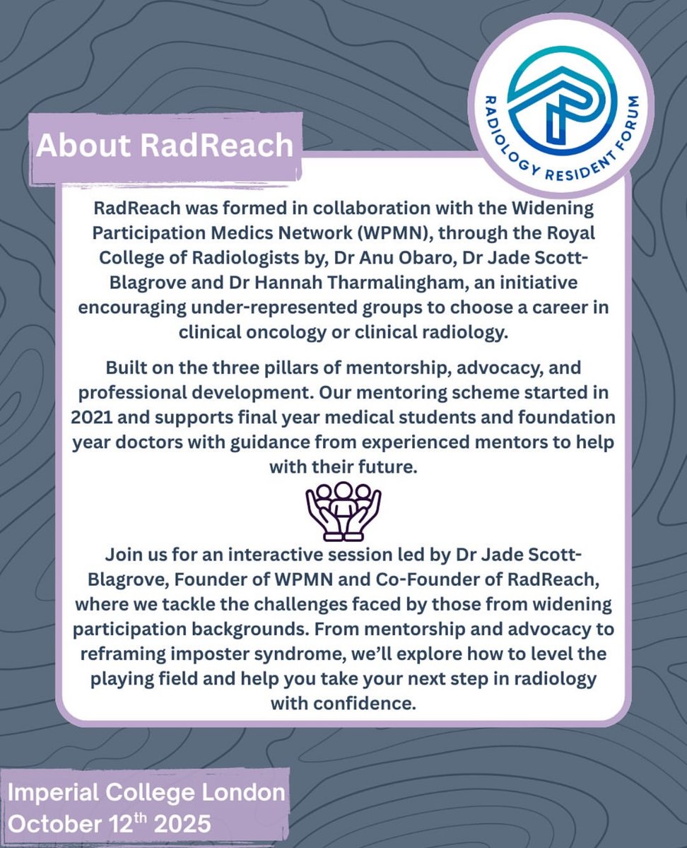 RadReach (@radreach) on Twitter photo Catch our co-founder <a href="/JadeScottB/">Jade Scott-Blagrove</a> talk at the 6th Annual Radiology Resident Forum Conference on 12 October 🗣️
She'll explore how to navigate imposter syndrome, find your voice and step into your future with confidence.
We hope to see some of you there!
radiologyresidentforum.co.uk/conference-reg… Catch our co-founder <a href="/JadeScottB/">Jade Scott-Blagrove</a> talk at the 6th Annual Radiology Resident Forum Conference on 12 October 🗣️
She'll explore how to navigate imposter syndrome, find your voice and step into your future with confidence.
We hope to see some of you there!
radiologyresidentforum.co.uk/conference-reg…