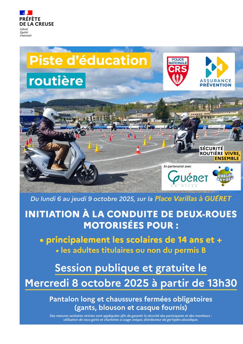Prefet23's tweet photo. #SécuritéRoutière | La piste d’éducation routière CRS / Assurance Prévention à Guéret, du 6 au 9 octobre 2025 : un dispositif de sensibilisation des jeunes à la conduite responsable d’un deux-roues motorisé 🏍️
👉Retrouvez le programme et les infos sur https://t.co/Mi5UabYxf3 https://t.co/3LksvfLRF1