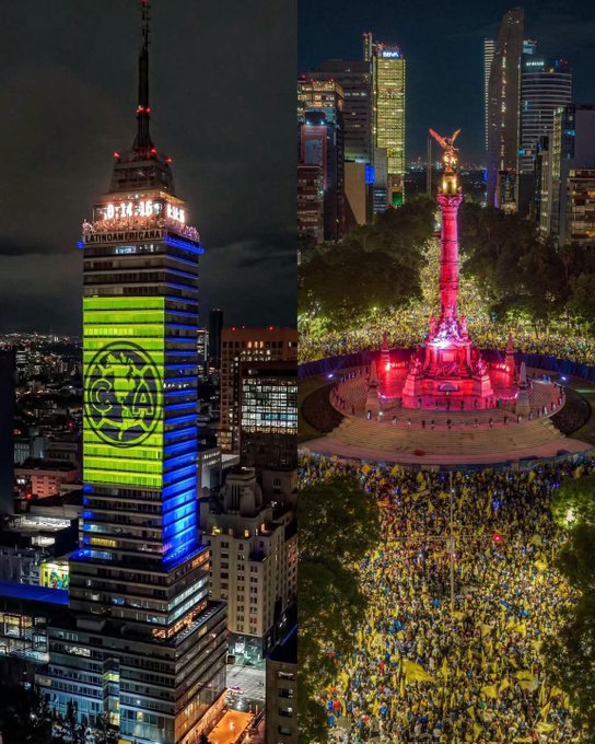 Un edificio alto iluminado con luces verdes y azules que muestran el logotipo del Club América. Un monumento icónico, el Ángel de la Independencia, iluminado en rosa y rodeado por una multitud de personas con luces amarillas y azules. Ambas escenas están ambientadas de noche en un entorno urbano.