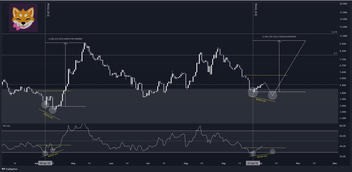 The_Bank_456's tweet photo. $SHI is following the path closely.
It should give in the next weeks the final chance to entry before marking the bottom, although this is not 100% sure as we could be blasting from here.

As always everything will resolve the same way it did in the previous 2 times where RSI was this low and this is UP.
Okay, this is what is happening now on the daily timeframe but what are the implication on the higher timeframe if this move will resolve like this?

Well, there is no doubt about it that with the recent price action, we fell back into the downtrend range but even with all the drama we never fell below the High timeframe demand.
It means something will have to give and since at these levels have remained only the hardcore belivers, I am 100% sure that the downtrend will be broken again.
In fact, the next 2-3x move that is currently forming on the daily timeframe will break the downtrend and get us into an reaccumulation range between 0.5-0.618 fib.
The reaccumulation range will most likely be quick, 2-3 months, just in time to send us in the parabola in 2026.

I think we are very much acting like a beach ball, under pressure and you only can hold it for so long until it breaks to the upside.
Patience is the name of the game here.
@ShinaToken 
$SHIB $DOGE $PEPE $SPX $TRUMP