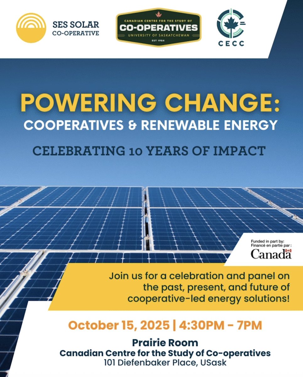 Please join us for an upcoming event: The role of cooperatives in making Canada a World Energy Superpower. 

Date: October 15, 2025
Time: 4:30 – 7:00 PM CST
Location: 101 Diefenbaker Place
Format: Hybrid

Register here: sessolarcoop.ca