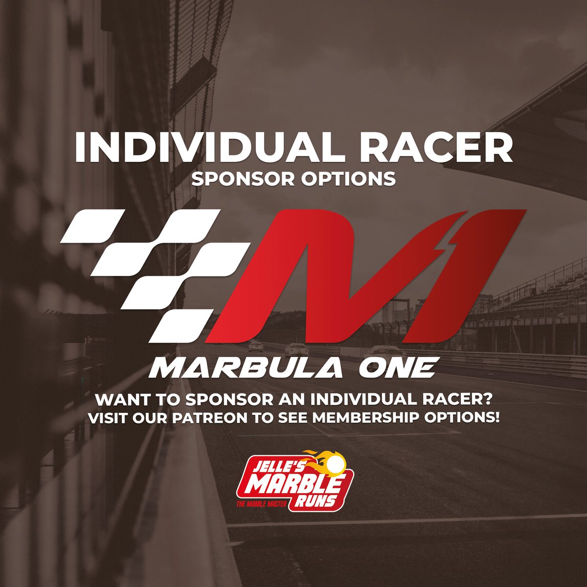 Do YOU want to sponsor your own racer in the upcoming Marbula One season, all by yourself? 👐 Then check out our individual racer tier on patreon! 

Every individual marble has their own sponsorship opportunity, and only one sponsor per marble so don't hesitate if your favorite