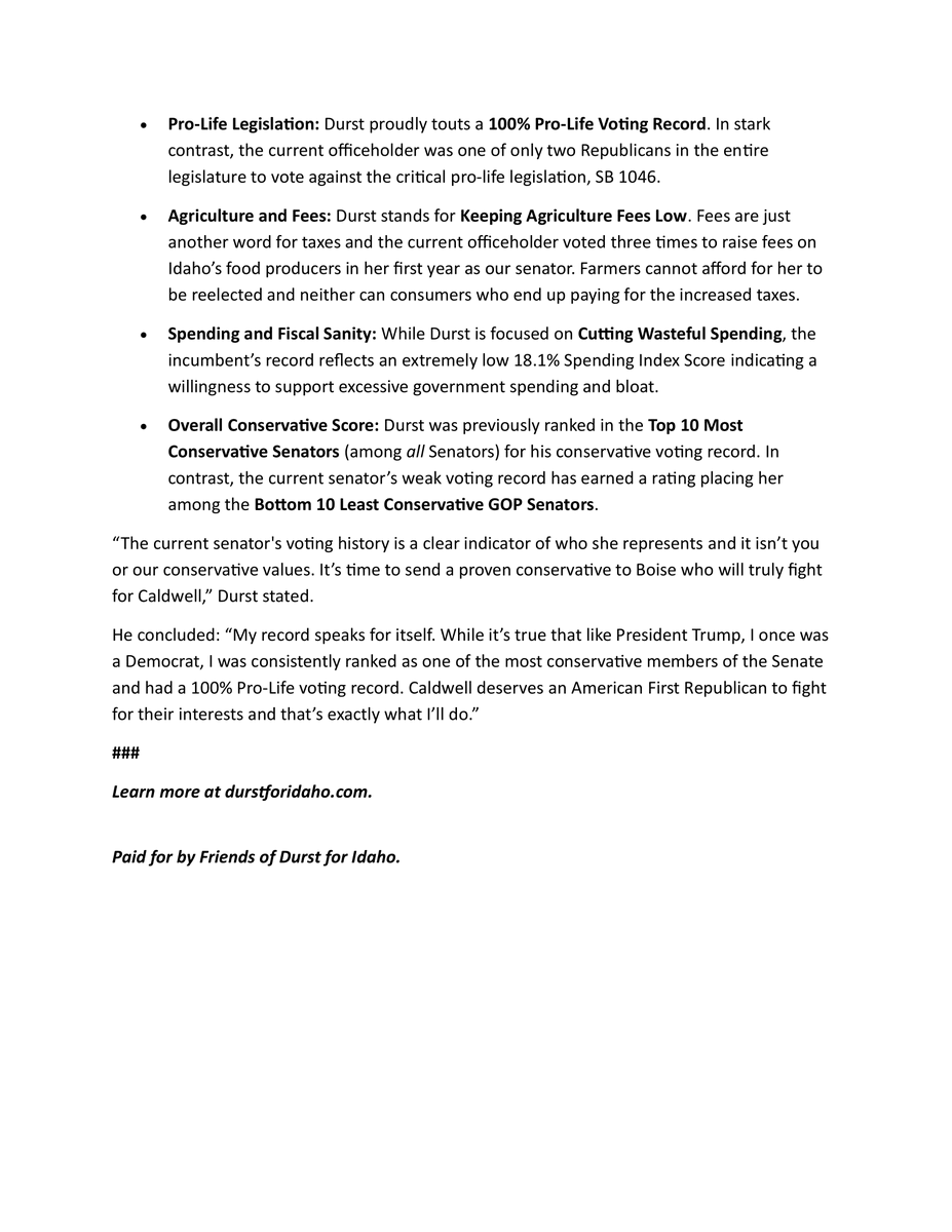 brandendurst's tweet image. I am running for Idaho Senate in District 11.  Press release attached. Time for America First leadership! Learn more at durstforidaho.com.

#idpol #idleg