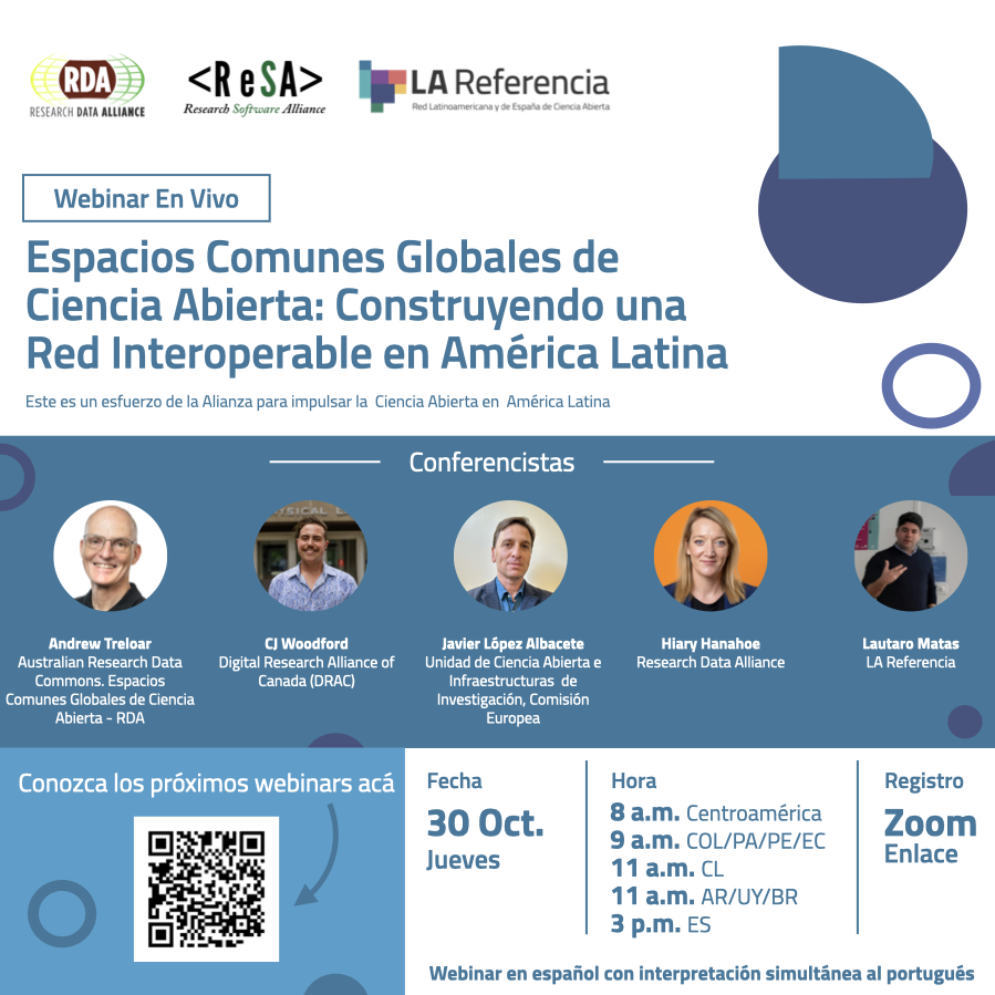 LAReferenciaAA's tweet image. ❗¿Ya se inscribió a nuestro próximo webinar: &quot;Espacios Comunes Globales de Ciencia Abierta: Construyendo una Red Interoperable en América Latina.&quot;

🔗 Registro: zoom.us/meeting/regist…
📌Conozca acá a los conferencistas: recursos.lareferencia.info/alianza-cienci…