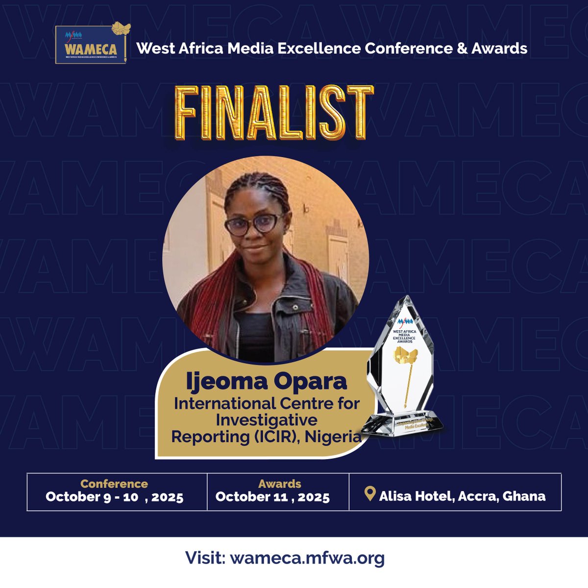 Congratulations to Ijeoma Opara of International Centre for Investigative Reporting (ICIR) from Nigeria for earning a spot among the #WAMECA2025 finalists! <a href="/ije_le/">Ije Opara</a> 

#WAMECA #Nigeria