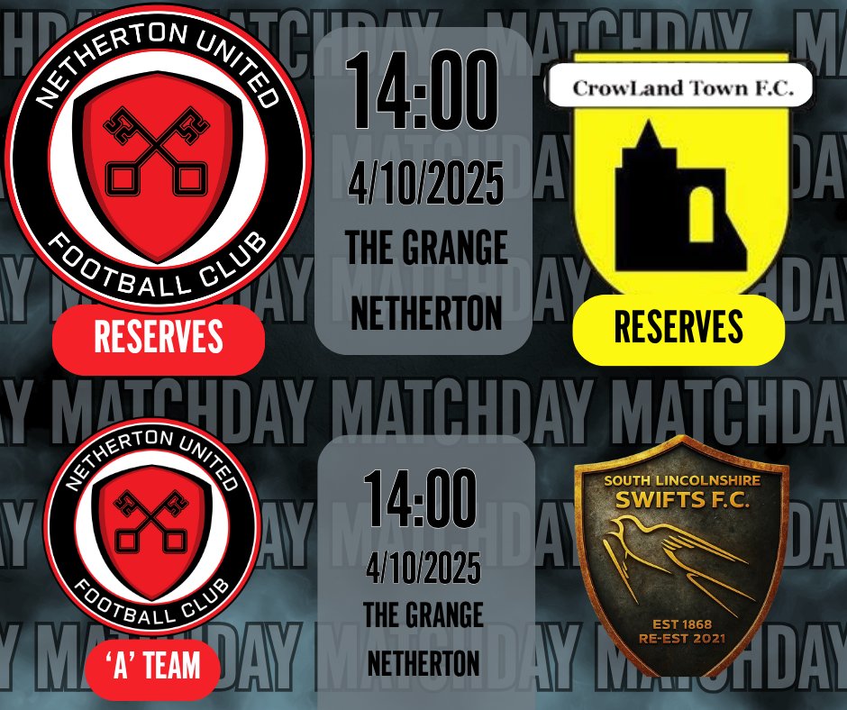 Two games at home! 
Our Reserves and A-Team are both in action at The Grange tomorrow.

⚽ Reserves vs Crowland Town Reserves
⚽ A-Team vs South Linc Swifts
📍 The Grange
⏰ 14:00 KO (Both)

Get down and support the Reds! #NethertonUnited #HomeGame