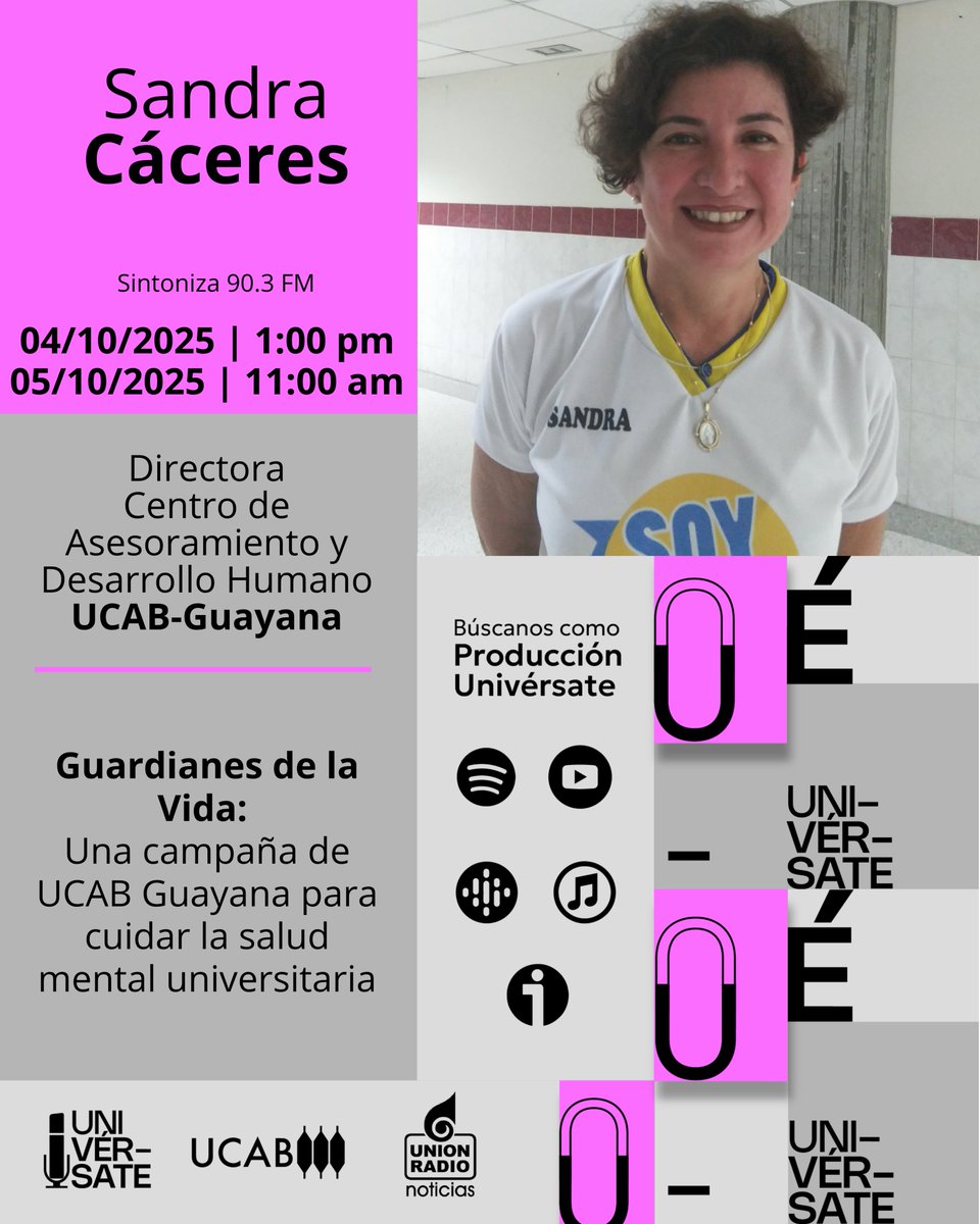 Este sábado, a la 1:00 pm, en #Univérsate estará con nosotros la profesora Sandra Cáceres, directora del CADH de <a href="/UcabGuayana/">UCAB Guayana</a>, para darnos todos los detalles de la iniciativa "Guardianes de la vida".

Sintonízanos por:
📻 90.3 FM (Caracas)
💻mundour.com/live-urn/