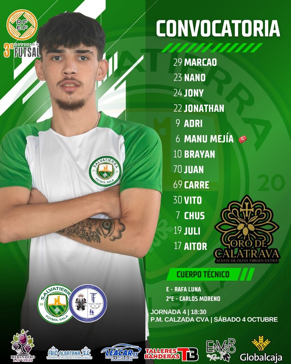 📝 ¡𝐂𝐎𝐍𝐕𝐎𝐂𝐀𝐓𝐎𝐑𝐈𝐀! 🔥 Jugadores listos 👍🏻 para una nueva tarde de fútbol sala en casa 🏟️ recuerda el plan del Sábado ☝🏻 a partir de las 18:30 ⏰ pasa por el pabellón ⚽ disfrutemos juntos de nuestro equipo 💪🏻 💚