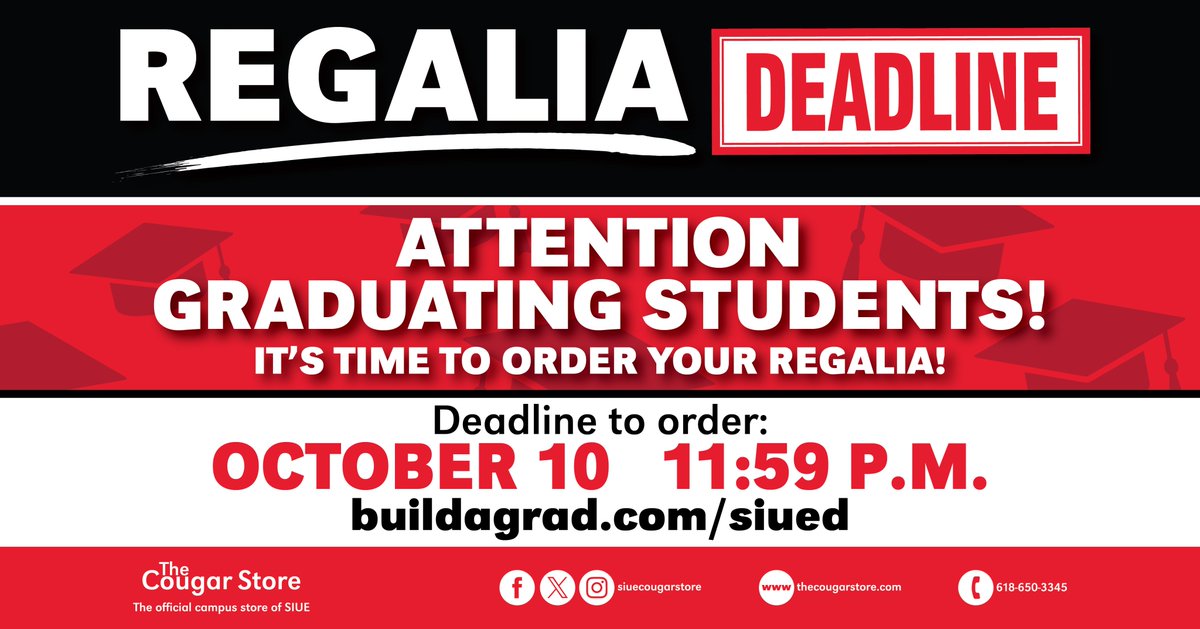 mucsiue's tweet photo. Regalia Deadline! Attention graduating students- the deadline to order your regalia is October 10 at 11:59 p.m. Order now at https://t.co/9e8Capr97f https://t.co/lGo0CiJVfZ