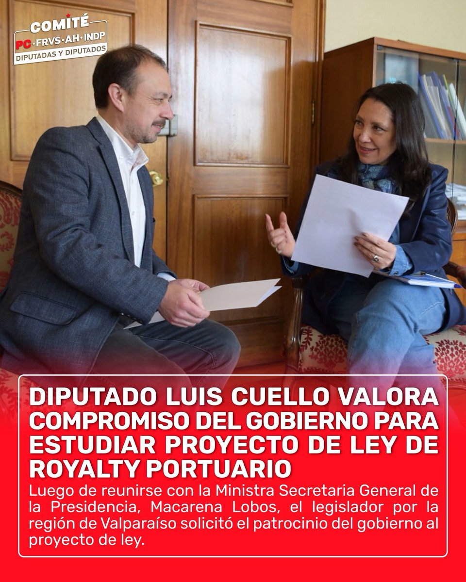 Comité PC - FRVS - AH Independientes (@bancadapc_frvs) on Twitter photo 🔴El Diputado PC <a href="/luiscuellop/">Luis Cuello Diputado</a> valoró el compromiso del Gobierno para estudiar proyecto de Ley de Royalty Portuario, iniciativa en la que espera el patrocinio del Ejecutivo. 🔴El Diputado PC <a href="/luiscuellop/">Luis Cuello Diputado</a> valoró el compromiso del Gobierno para estudiar proyecto de Ley de Royalty Portuario, iniciativa en la que espera el patrocinio del Ejecutivo.