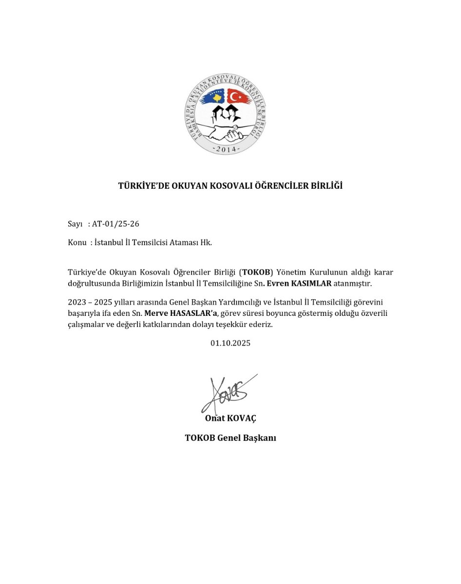 Yönetim Kurulumuzun aldığı karara istinaden, birliğimizin İstanbul İl Temsilciliğine Sn. Evren KASIMLAR atanmıştır.

Genel Başkan Yardımcılığı ve İstanbul İl Temsilciliği görevlerini başarıyla yürüten Sn. Merve HASASLAR’a değerli katkılarından dolayı teşekkür ederiz.