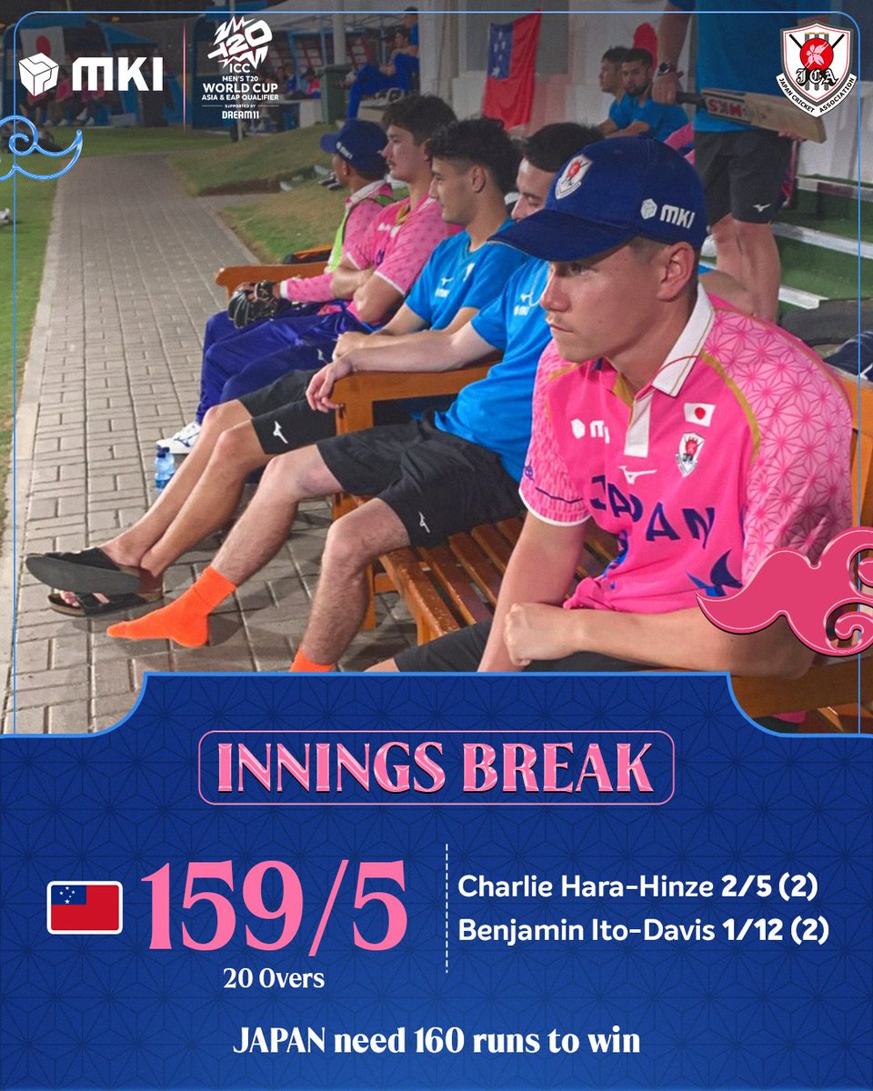 CricketJapan's tweet photo. 日本の見事なボウリングでサモアを20オーバー159/5に抑えました。日本は初戦のウォームアップマッチで勝利するために160ランを追いかけます。
Follow the live coverage here: https://t.co/PN26jUKNuh
#japancricket #クリケット #roadtoworldcup #JAPvsSAM #Japan #AsiaEAPQualifiers https://t.co/Ad2YtcTAn4