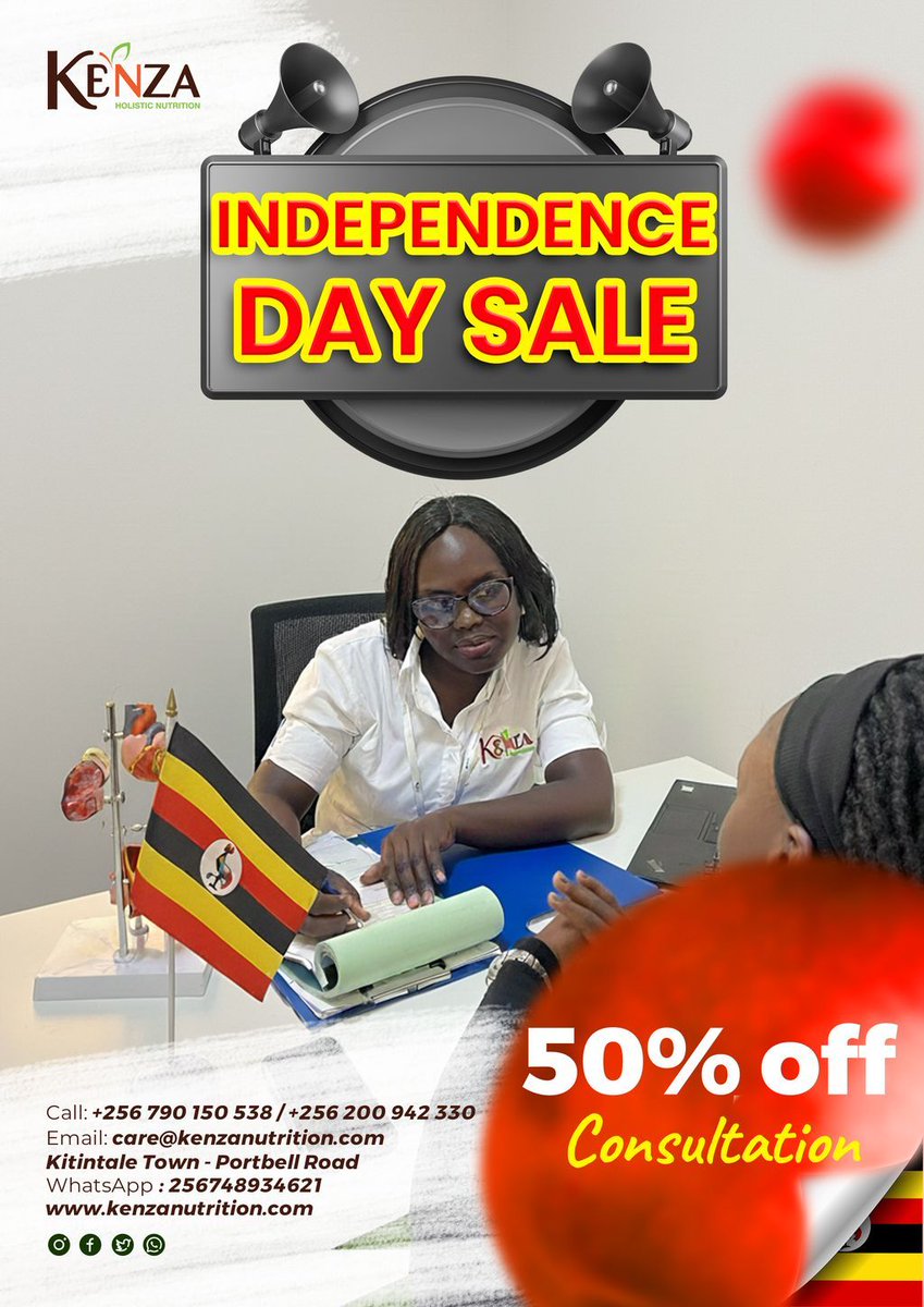 KenzaNutrition's tweet photo. This Independence Day, declare freedom from health struggles. 🇺🇬 Take control with a personalized nutrition plan. All consultations are 50% OFF for a limited time. Book now &amp; start your journey to wellness. #UgandaAt63 #HealthIndependence #KenzaWellness https://t.co/nf7gmy8LmZ