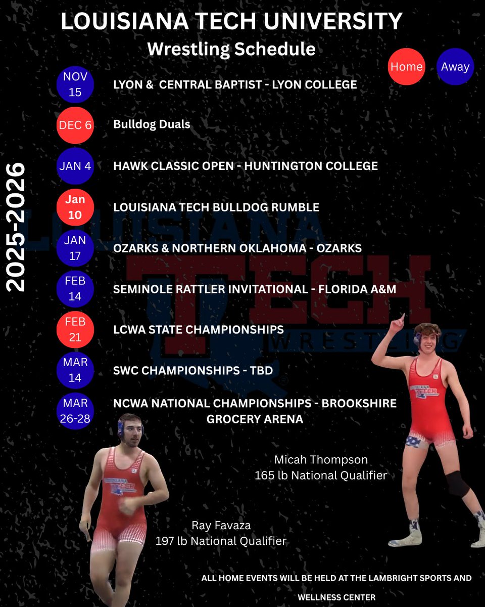 LaTechWrestling's tweet photo. Did someone say schedule drop?

Our 2025-2026 season schedule is here.

A few big duals and tournaments this year, including 3 duals against NCAA D3 teams, a dual against a JUCO team, and a D3 open tournament

#Wrestling #ncwa #growwrestling #LouisianaTech #louisianawrestling https://t.co/qhaQUyaWZ0