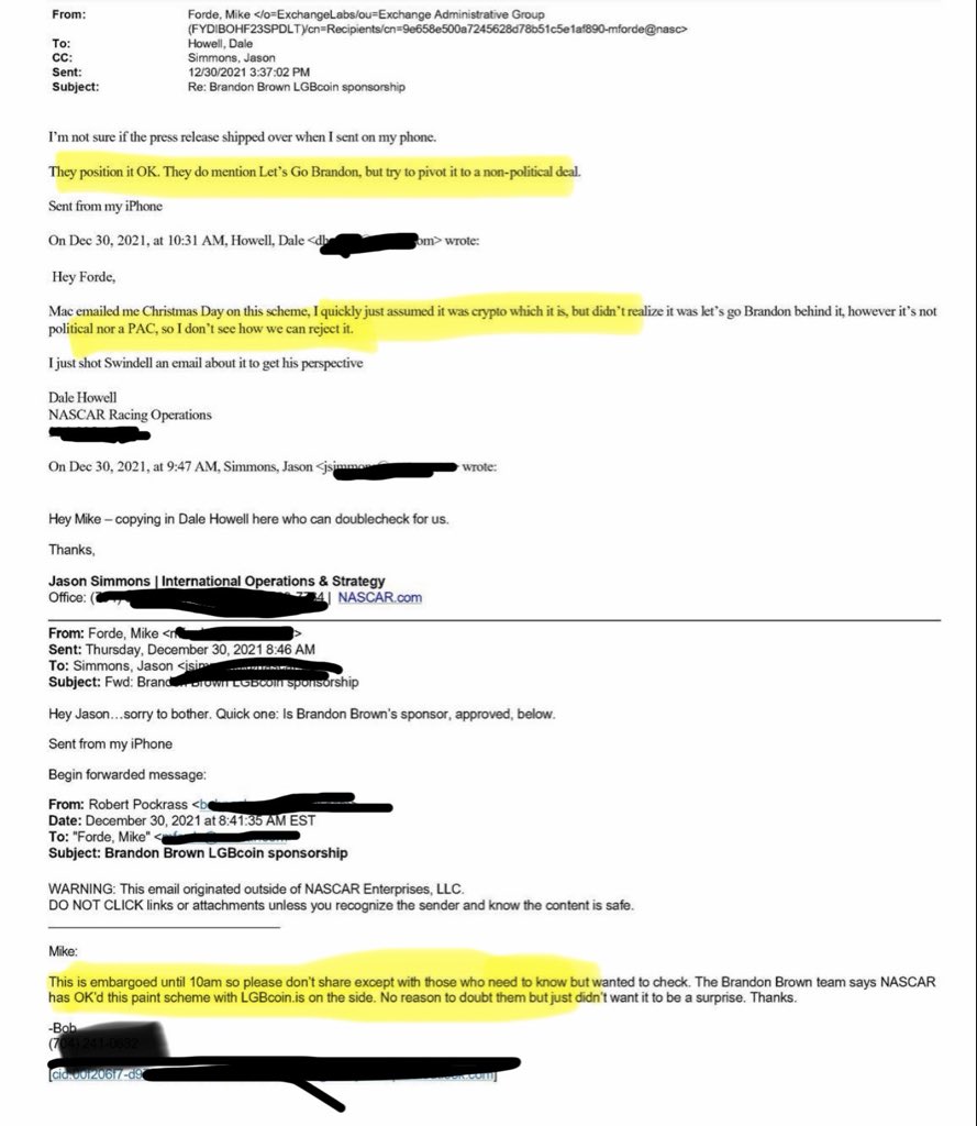 LetsGo's tweet image. Thank you to @bobpockrass for sending NASCAR our press release 75 minutes before release. Where NASCAR exec Mike Forde agreed that it was “ok” that we were derived from “Let’s Go Brandon” contrary to testimony from NASCAR chief impact officer Eric Nyquist. Nyquist repeated 15…