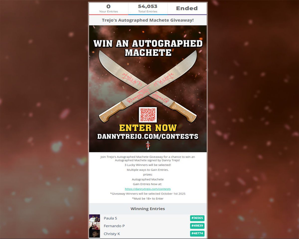 officialDannyT's tweet image. 🎉Congratulations to the 3 Lucky Winners of my Machete Giveaway! 
@ckvt2012 @NecroRaizo @PaulaMStewart2

📧Check your email to claim your prize!
dannytrejo.com/contests

#dannytrejo #machete #giveaway