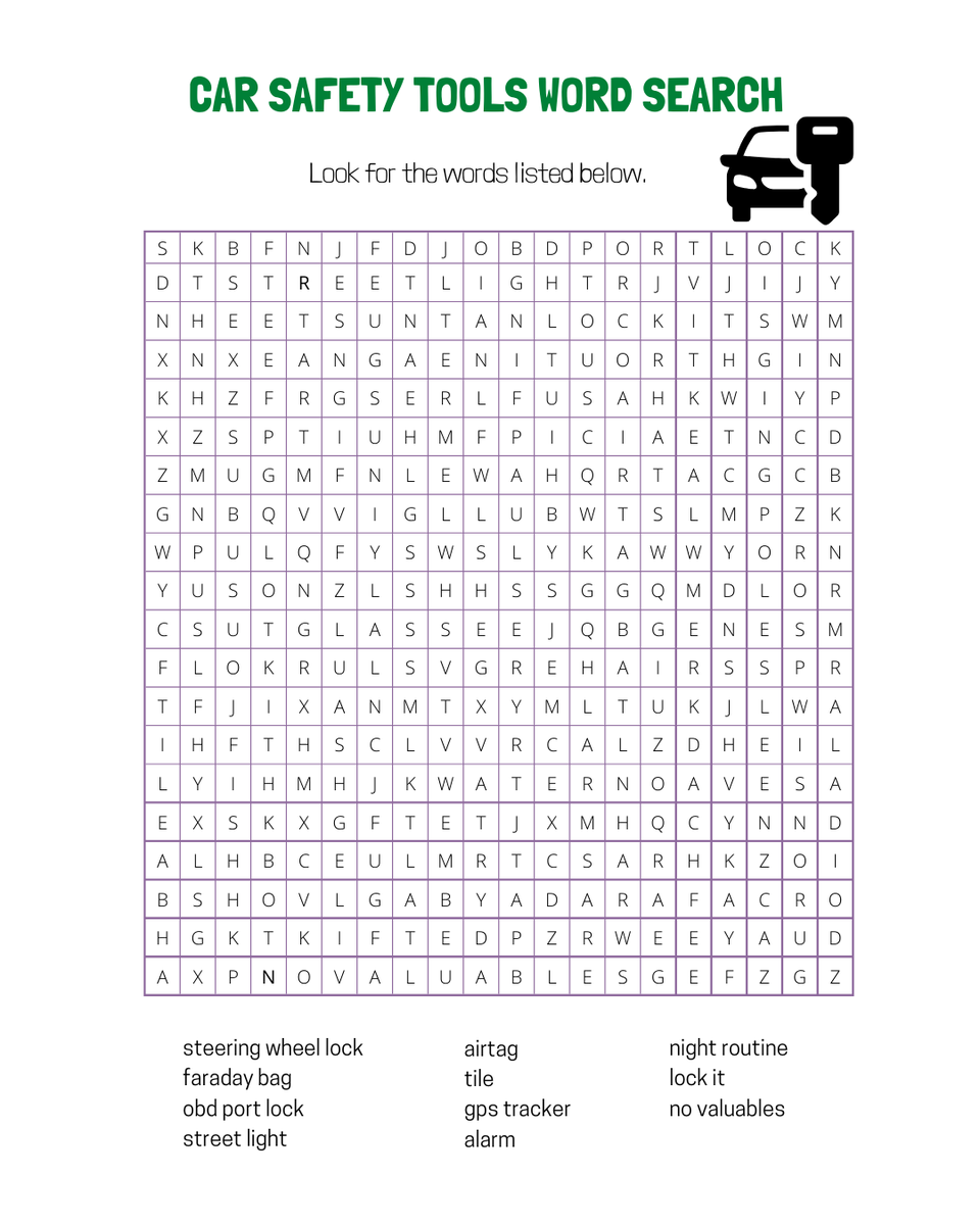 IMPACTautocrime's tweet image. Car safety starts with awareness. 🛑🔑
See if you can uncover all the tools that help prevent auto crime in our word search!
#autocrimeprevention #wordsearch #impactrcmp #carsafety