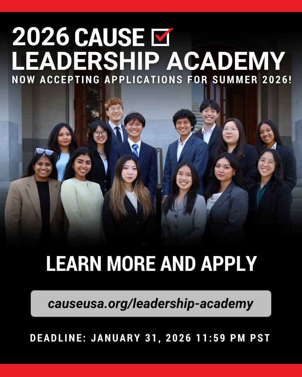 CAUSEusa's tweet image. The CAUSE Leadership Academy (CLA) is a paid nine-week internship for college students and recent grads passionate about government, civic leadership, and Asian and Pacific Islander (API) community advocacy.

🌟 Learn More and Apply by Jan 31, 2026: causeusa.org/leadership-aca…