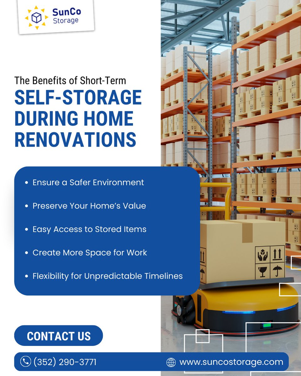 suncostorage's tweet image. Renovating your home? Don’t let clutter get in the way of progress. Short-term storage is the perfect solution to keep your home safe, organized, and stress-free during the remodel.

#HomeRenovationTips #SelfStorageSolutions #ShortTermStorage #DeclutterYourSpace #SafeAndSecure