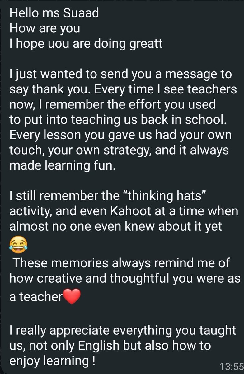 هل تريد أن تعرف مدى نجاحك كمعلم /معلمة؟
عندما طلابك يتذكرون تأثيرك عليه حتى بعد ٨ سنوات
ازرع ذكرى
واحساس بالمسؤولية
ومهارة مكتسبة 
قبل أن تهتم ب "هل انتهى المنهج؟ "

#تعليم