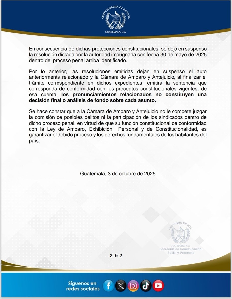 La Cámara de Amparo y Antejuicio de la Corte Suprema de Justicia a la población informa:

#OJ #CSJ