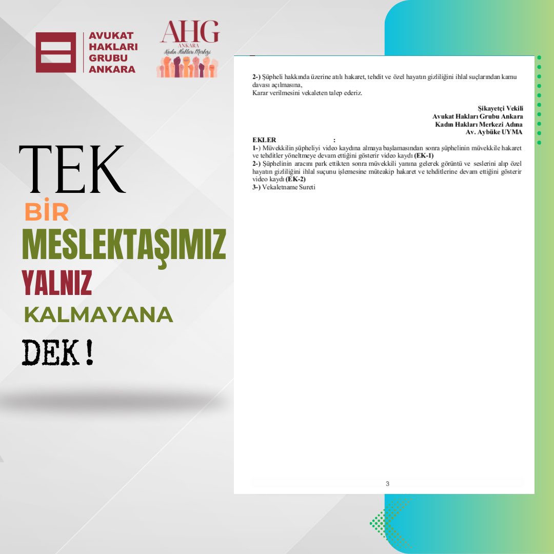 Sözlü şiddete maruz kalan KADIN MESLEKTAŞIMIZ Av. Gözde Güzin EROL KILINÇER adına, şüpheli hakkında hakaret, kadına karşı tehdit ve nitelikli özel hayatın gizliliğini ihlal suçlarından suç duyurusunda bulunduk.

#AHGAnkara #AHGAnkaraKadın #Kadınayönelikşiddetehayır