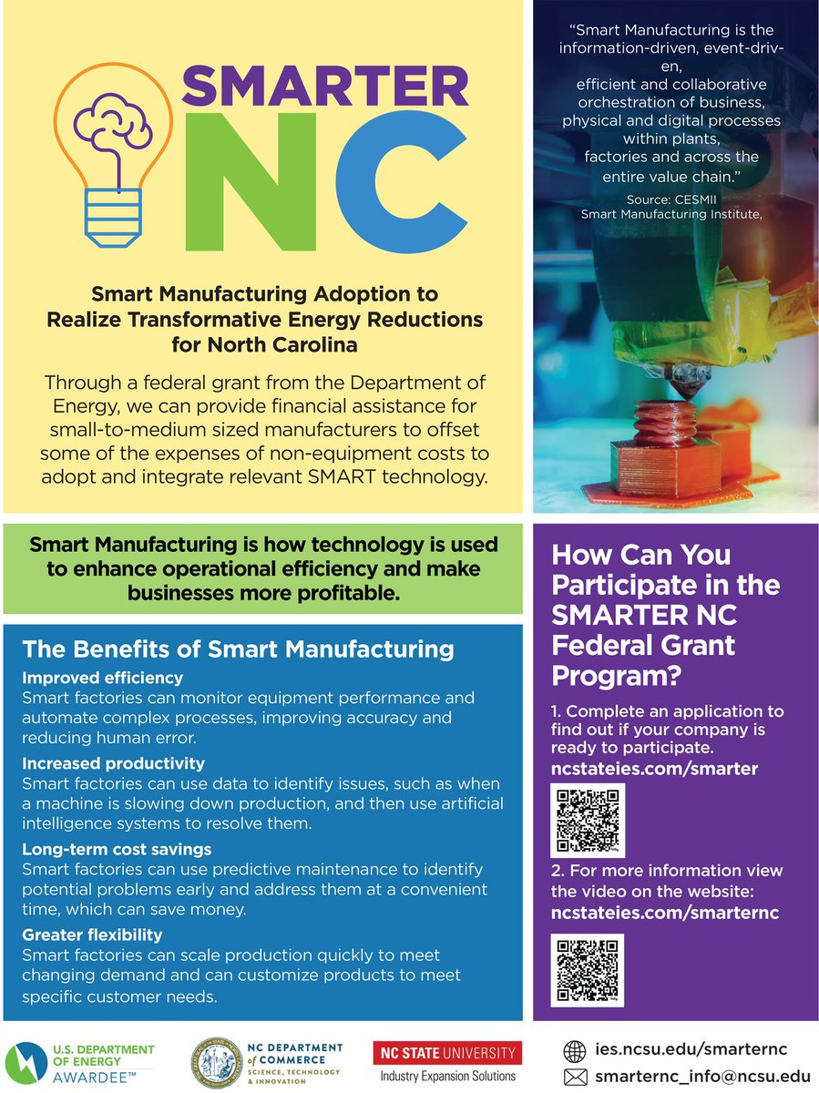ncworks's tweet photo. Happy #MFGDay and North Carolina #ManufacturingWeek! This is a perfect time to celebrate a new way for North Carolina manufacturers to boost efficiency, productivity, and flexibility: SMARTER NC!
Click on the QR codes in the image or visit https://t.co/Wlu0e5Ed3j #NCMfgWeek https://t.co/JNYKM4GdHo