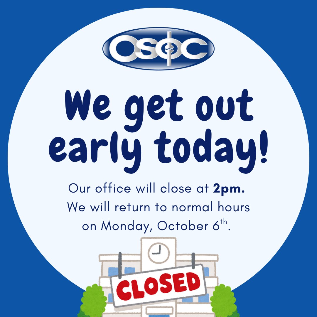 Heads up! We’re closing a little early today at 2 PM. We’ll be back to our normal schedule on Monday, October 6th. Wishing you a wonderful weekend!