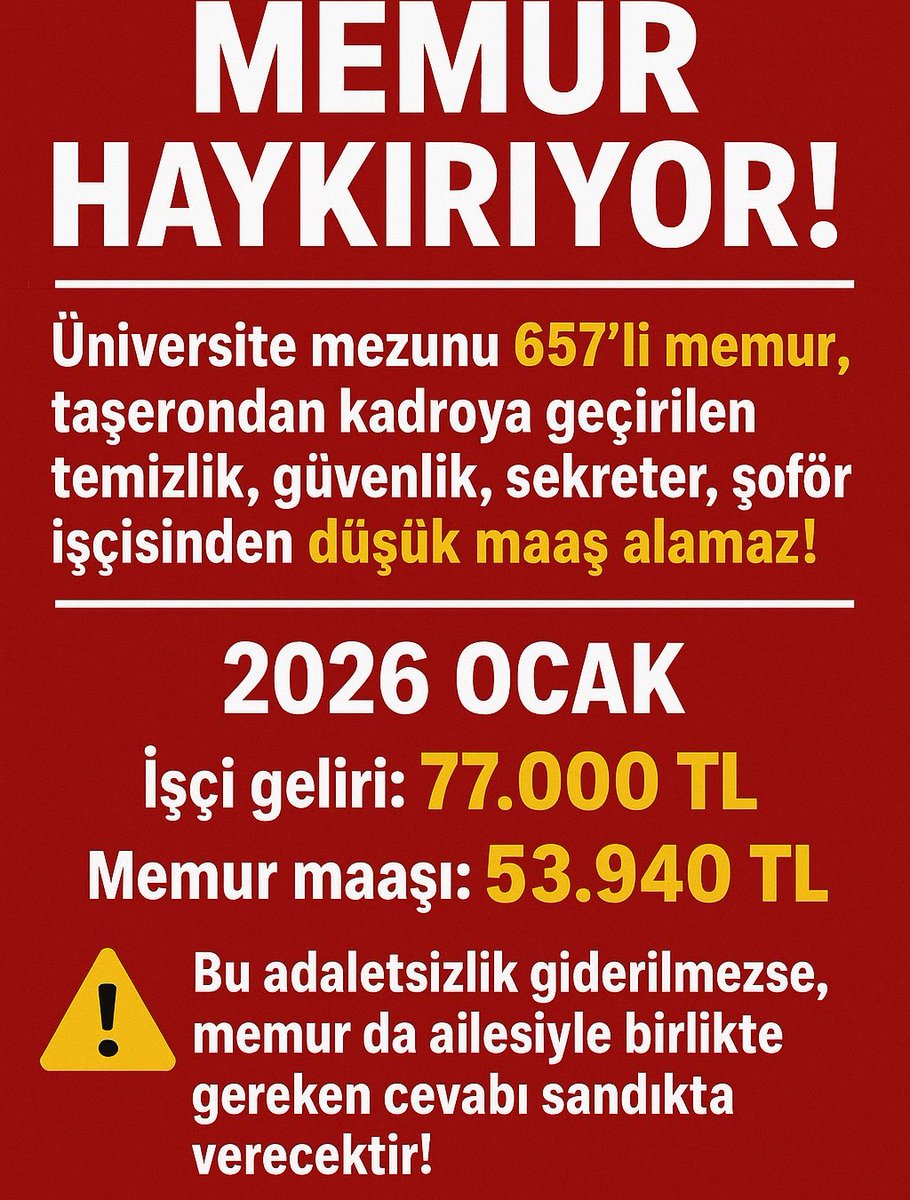 #MemurMecliseSesleniyor

2026 Ocak'ta:

Kamuda en düşük memur maaşına %10 + enflasyon farkı verilecekken,

Kamuda işçinin maaşına %10+enflasyon farkı,

İkramiyesine %10+enflasyon farkı,
Tediyesine %10+enflasyon farkı,
Yemek ve yol ek ödemesine %10+enflasyon farkı verilecek.