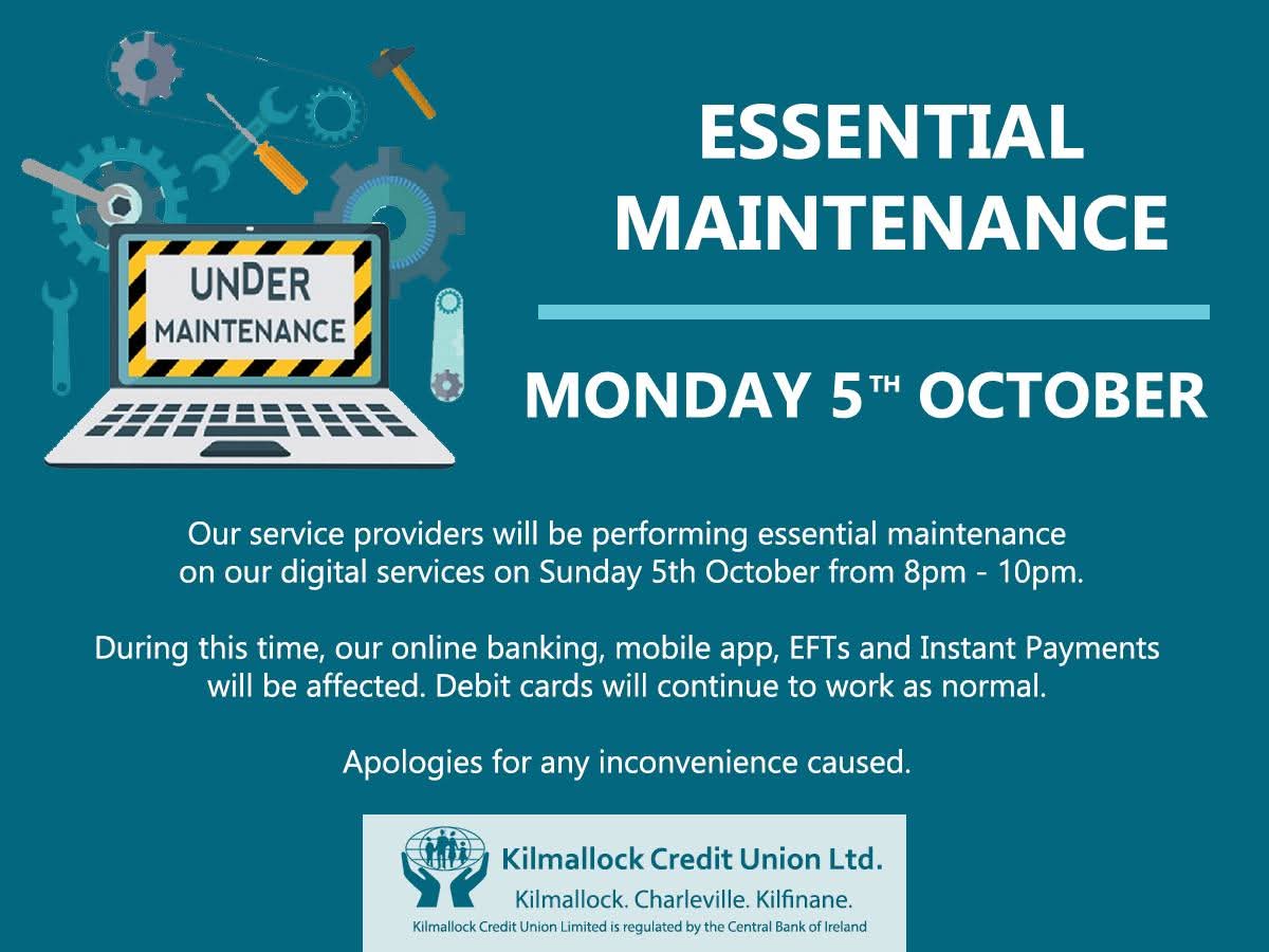 🛠 Essential Maintenance 🛠
Our service providers will be performing essential maintenance on Sunday 5th October; 8pm - 10pm.

Our online banking, mobile app, EFTs &amp; Instant Payments will be affected.

Debit cards will continue to work.

Apologies for any inconvenience caused.