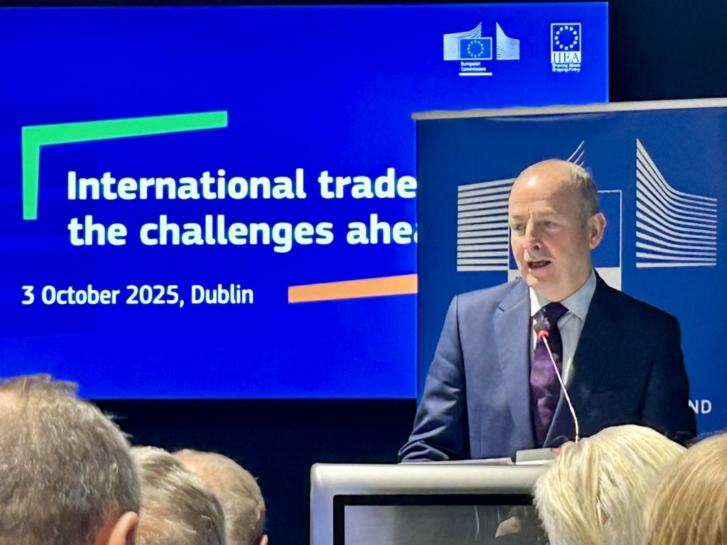 Eurofolk's tweet photo. Delighted to join Dublin discussion today with @taoiseach, @tanaiste and the boss on the challenges ahead for Trade and Economic Security. 👏EU Rep, Trade Comms team and @IIEA. 
Quote of day ‘the times, they are a-changing.’ @Trade_EU https://t.co/HmaoMsCeNk