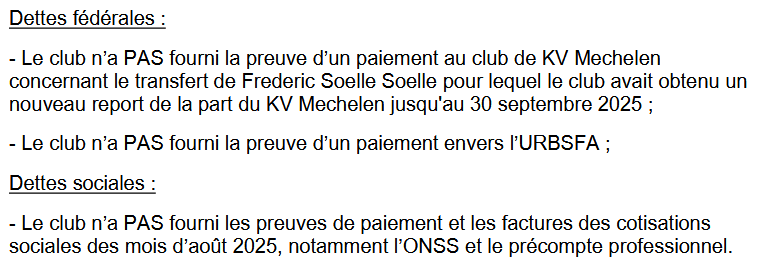 ⚫️🔴Le #RWDM vient de se voir interdit de transfert + réduction à 23 joueurs de sa squad size pour le non-paiement du transfert de Soelle Soelle

#CPL