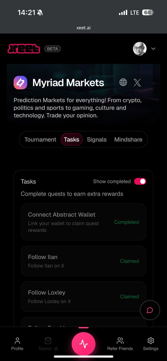 _daniyyel's tweet image. For those that are currently participating in the @MyriadMarkets Xeet campaign, there are some tasks to be completed on the Xeet website, here: xeet.ai/signals/myriad…