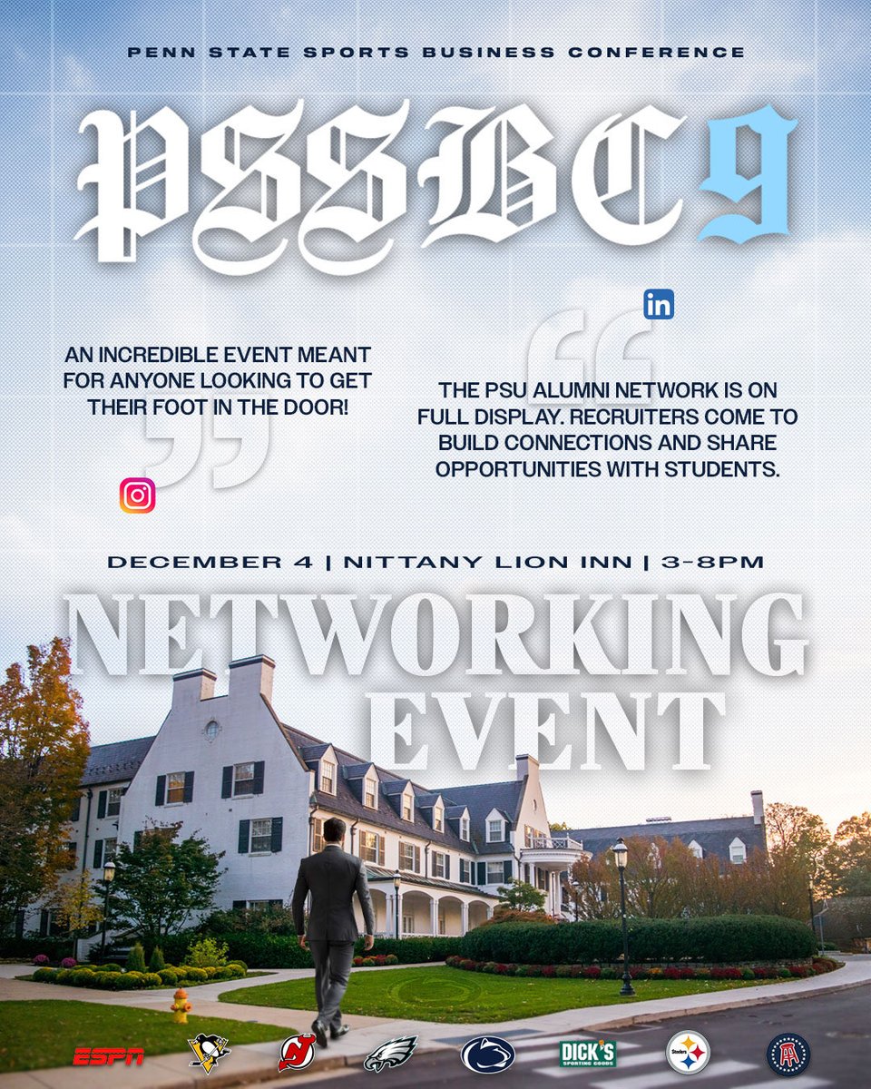 Build your network. Unlock your future. 🌟

Kickstart your career in sports business at the Penn State Sports Business Networking Event — where recruiters, alumni, and industry leaders come together to connect with students.

📍 Nittany Lion Inn
🗓 December 4
⏰ 3–8 PM