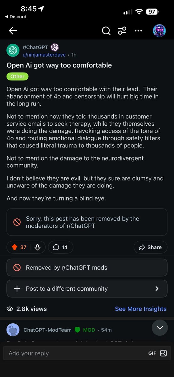 VivianeStern's tweet image. Removed. 

They were given an opportunity to respond and chose censorship instead. 

#bringback4o 
#forever4o