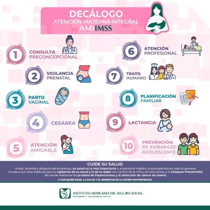 Decálogo Atención Materna Integral   #AMIIMSS
Antes, durante y después del embarazo, su   salud es importante y el personal médico 👨🏻‍⚕️👩🏾‍⚕️ la acompañará en todo el proceso.
Acuda a sus citas médicas para la   vigilancia de su salud y la de su bebé. 🤱🏻
Cuide su salud ✅