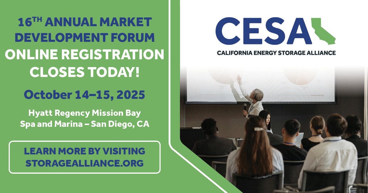 🔋Today’s your final chance to register online for the 16th Annual CESA MDF, happening Oc 14–15 in San Diego.

storagealliance.org/mdf2025

Tag a colleague and help spread the word!

#CESAMDF #EnergyStorage #CleanEnergy #GridReliability #CaliforniaEnergy #EnergyPolicy