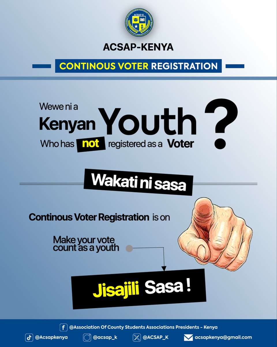 To the Kenyan Youth (Gen Z),
Register to vote! Your vote is the power to change Kenya. Join IEBC to demand accountability and shape the nation's future. Don't let your voice be unheard. Register today!