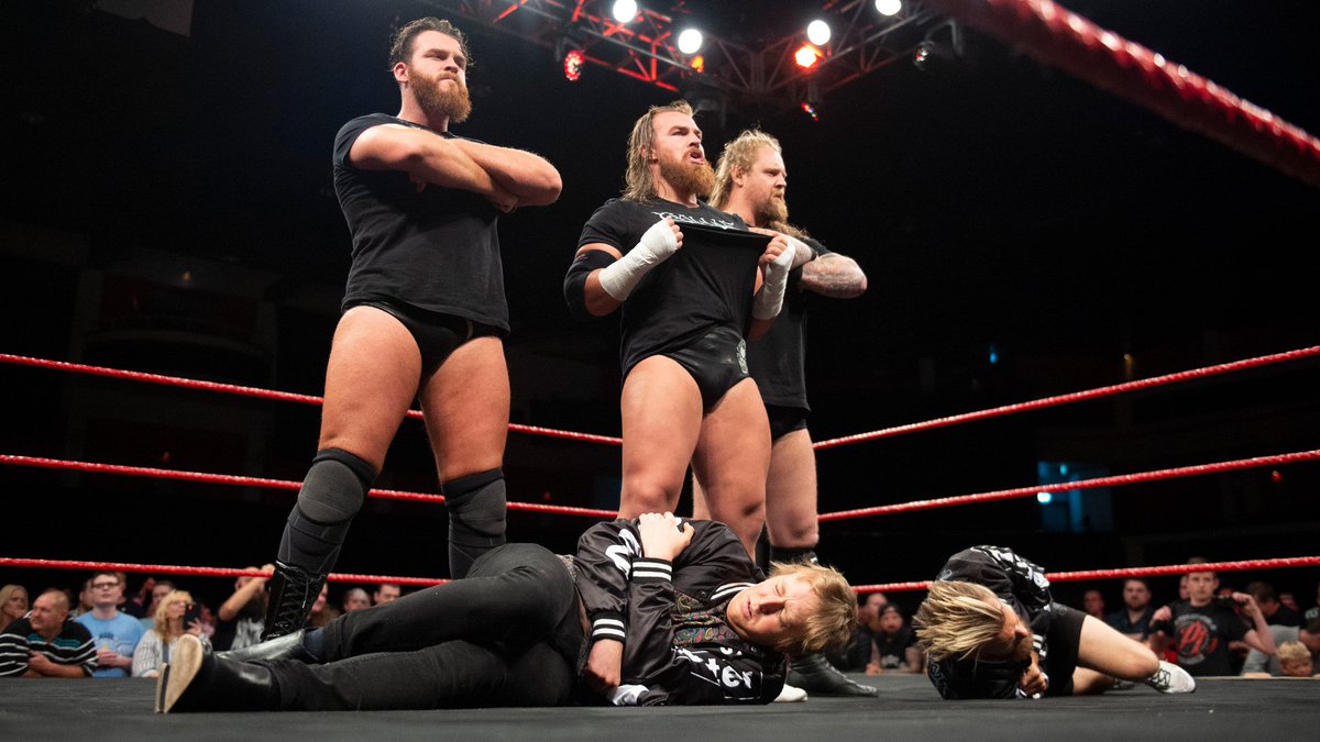 NXTUK_Legacy's tweet image. Oct. 3, 2019:

At Motorpoint Arena Cardiff, #Gallus&apos; @WolfgangYoung &amp;amp; @m_coffey90 attacked @JakkSellstrom and then @FlyingMikeBird for training #NXTUK Tag Team Champions @MandrewsJunior &amp;amp; @Flash_Morgan.

The champs hit the ring but didn&apos;t notice @Joe_Coffey behind them.

📸 WWE
