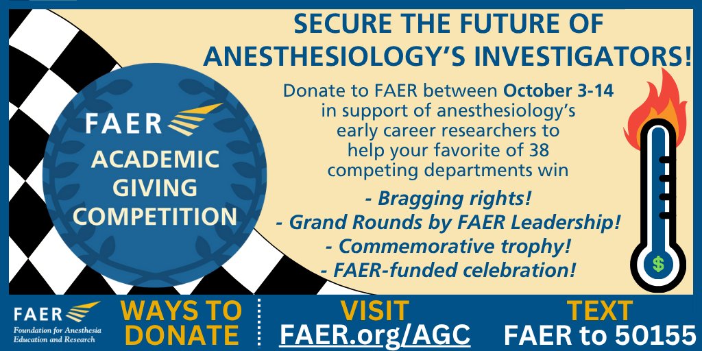 FAER’s 4th annual Academic Giving Competition is officially underway! 🥳

Support #anesthesiology's future researchers &amp; help the 38 participating departments win fabulous prizes with a donation @ the link!

Learn more &amp; donate: FAER.org/AGC

#FAERagc #TheFutureIsFAER