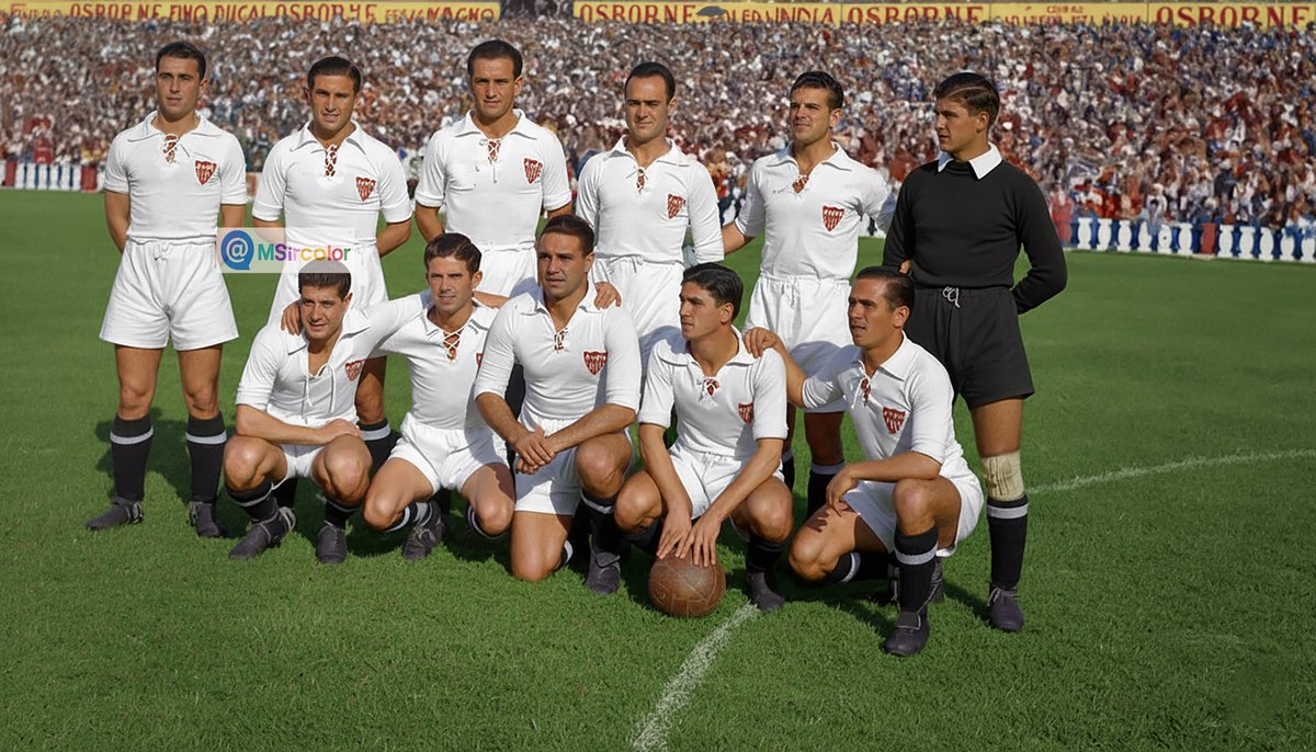 MSircolor's tweet photo. Foto coloreada del #SevillaFC temporada 44-45 nos parece reconocer solo algunos jugadores, como #Alconero #Eguiluz #Berridi #Iturbe #Busto #López #Campanal1º #Arza. ¿Algún aficionado #sevillista nos da la alineación completa y el partido que era? https://t.co/SWHIIuILj7