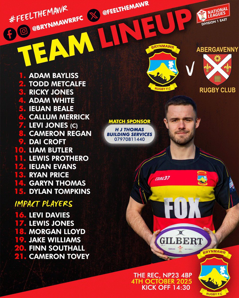 Team news for the visit of Abergavenny RFC. 🗞️ 

Huge thank you to H J Thomas building services for sponsoring the game tomorrow. 

- Familair faces return 
- League debut for Lewis Jones off the bench 

We look forward seeing you all tomorrow ☔️