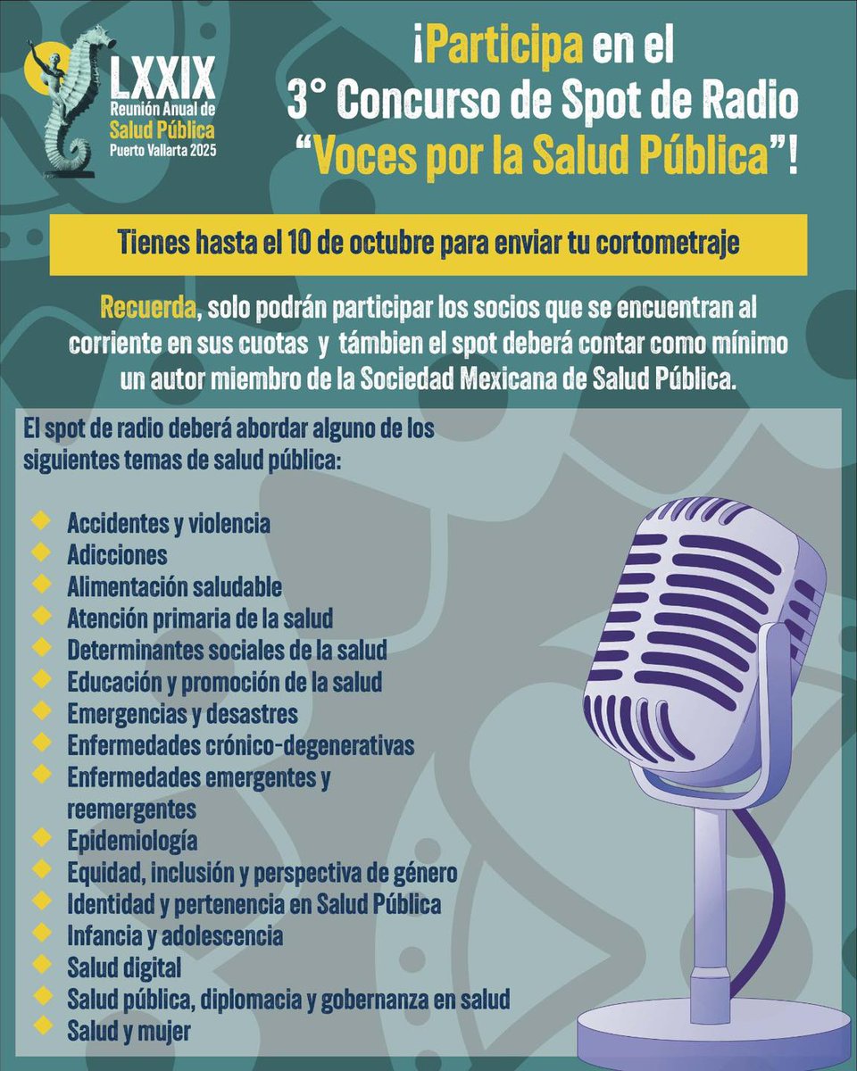 Convocatoria Abierta – Concurso de Spot de Radio 2025

¿Tienes una idea potente para promover la salud pública? ¡Queremos escucharla!

Fecha límite: 10 de octubre de 2025

Consulta las bases completas aquí: 79rasp.mx/convocatoria-s…