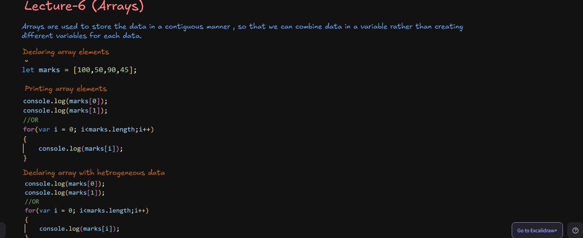 SilentCommit01's tweet image. Day 22 | Defense Batch  @rohit_negi9 
Today&apos;s topic: Arrays in JavaScript 📦
✔ Declaration &amp;amp; Accessing
✔ Printing &amp;amp; Operations
✔ Why arrays in JS are actually objects
📝 Notes &amp;amp; visuals here: excalidraw.com/#json=SjAa6L7v…
#JavaScript  #DefenseBatch